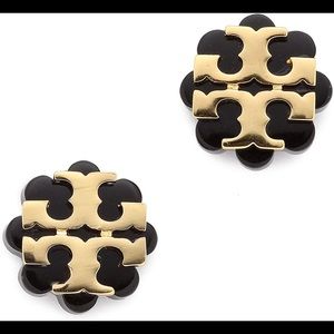TORY BURCH Flower Resin Logo Black & Gold Studs